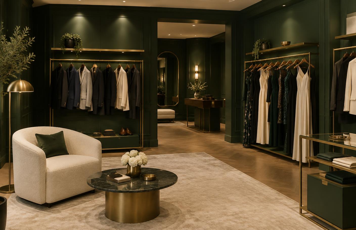 Intérieur d’une boutique de mode raffinée avec costumes et robes sur portants dorés