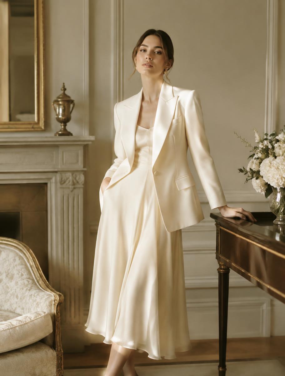 Femme en blazer ivoire et robe fluide dans un intérieur classique